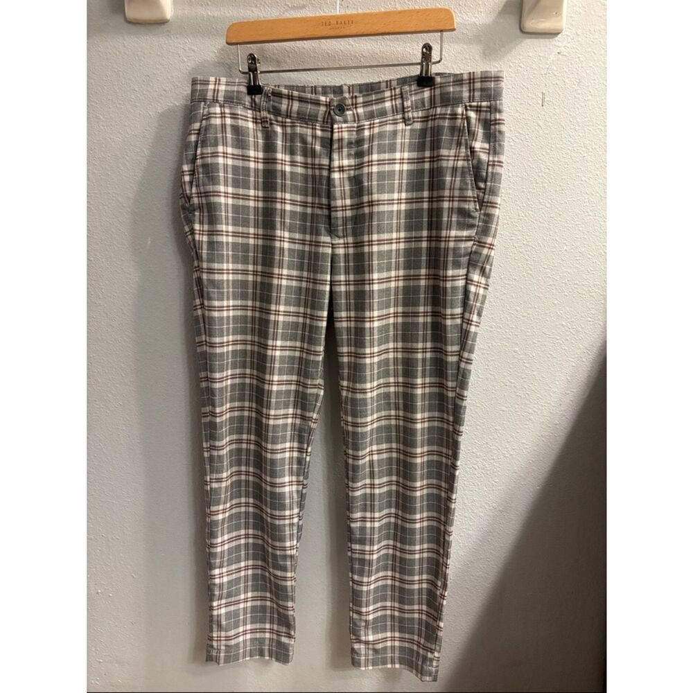 Zara Plaid Chinos in Gray and Cream with Brown Accent
